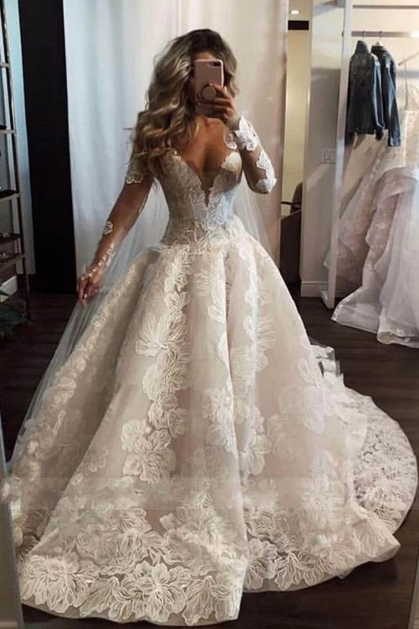 Sexy Deep V-neck Long Sleeve Appliques Lace Pearl Floor Length A-Line Wedding Dress