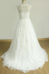 Long Sweetheart Cap Sleeve Appliques Lace Tulle A-line Wedding Dress