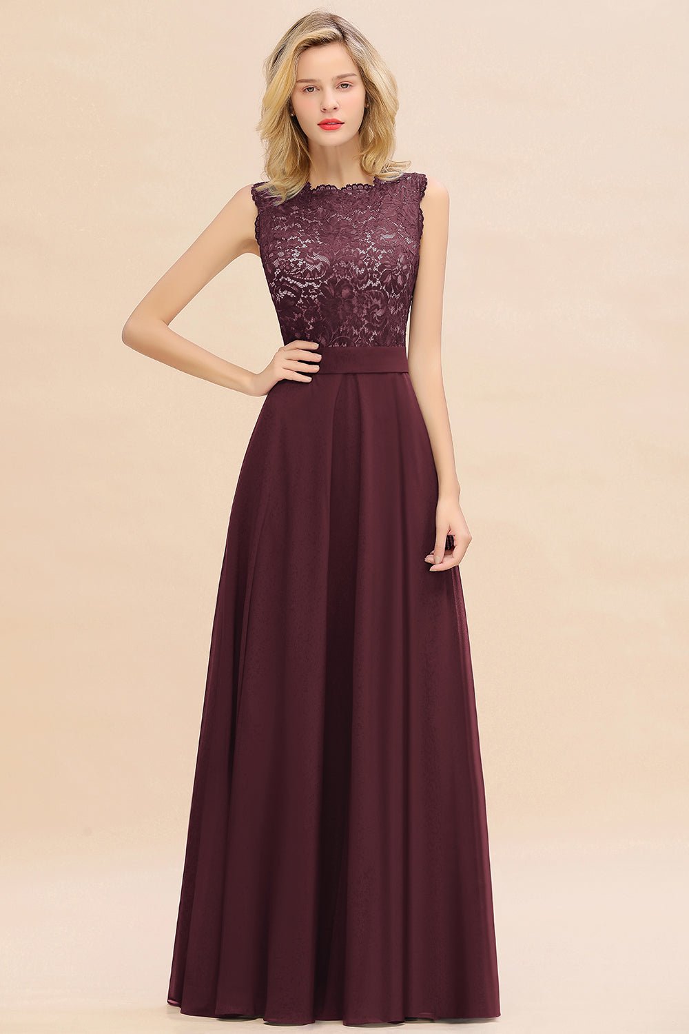 Long A-line Chiffon Lace Sleeveless Bridesmaid Dresses