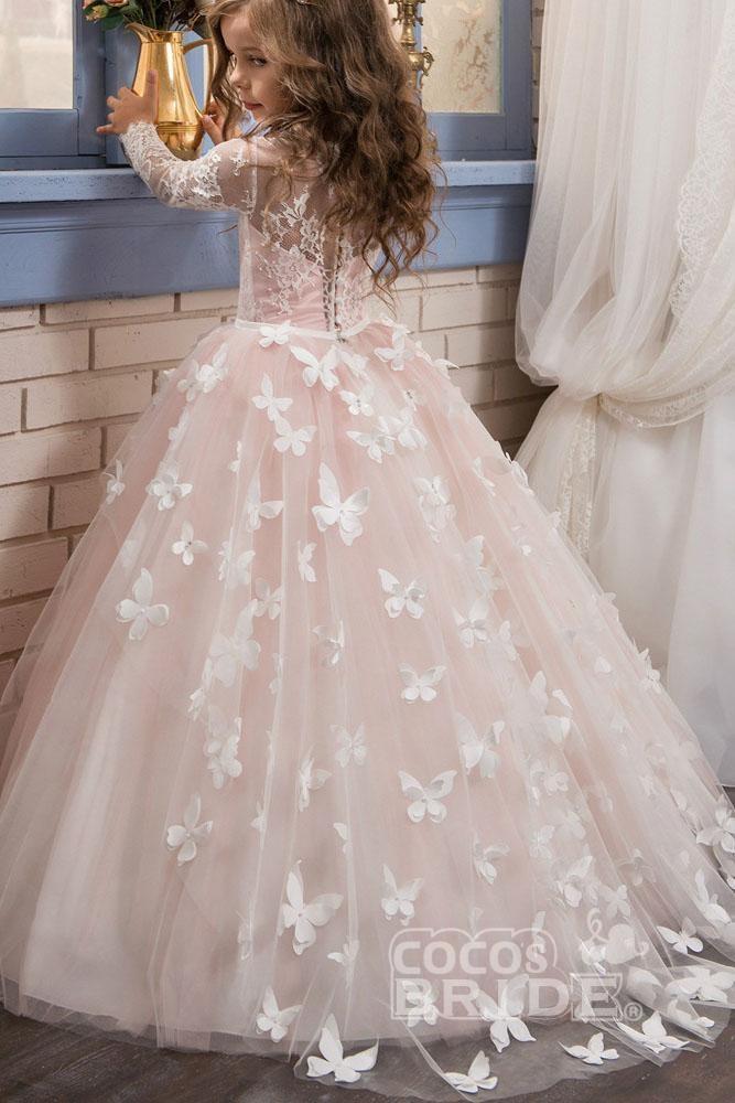 White Scoop Neck Long Sleeves Ball Gown Tulle Lace Flower Girl Dress
