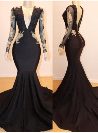 Long Sleeves Appliques Lace Mermaid V-neck Black Prom Dresses