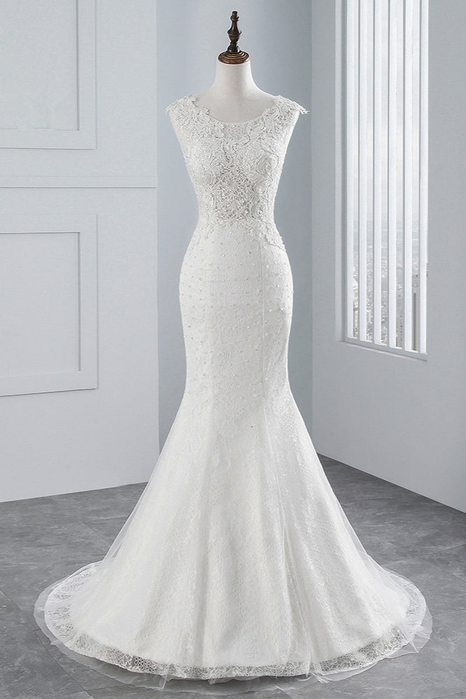 Glamorous Long Mermaid Jewel Tulle Sleeveless Wedding Dress with Appliques Lace
