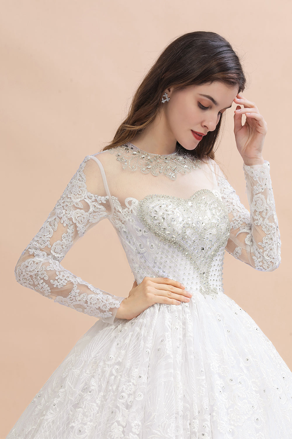 Long Sleeves A-line Lace Beads Tulle Wedding Dress