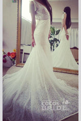 Long Mermaid V-neck Sleeveless Open Back Lace Wedding Dress