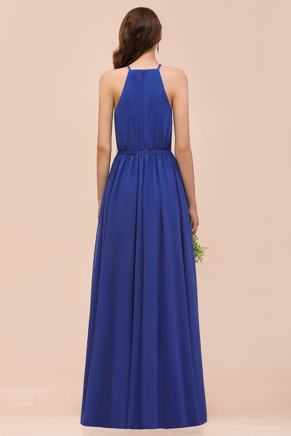 Royal Blue Halter Bridesmaid Dress A-Line Chiffon Floor Length Wedding Guest Dres
