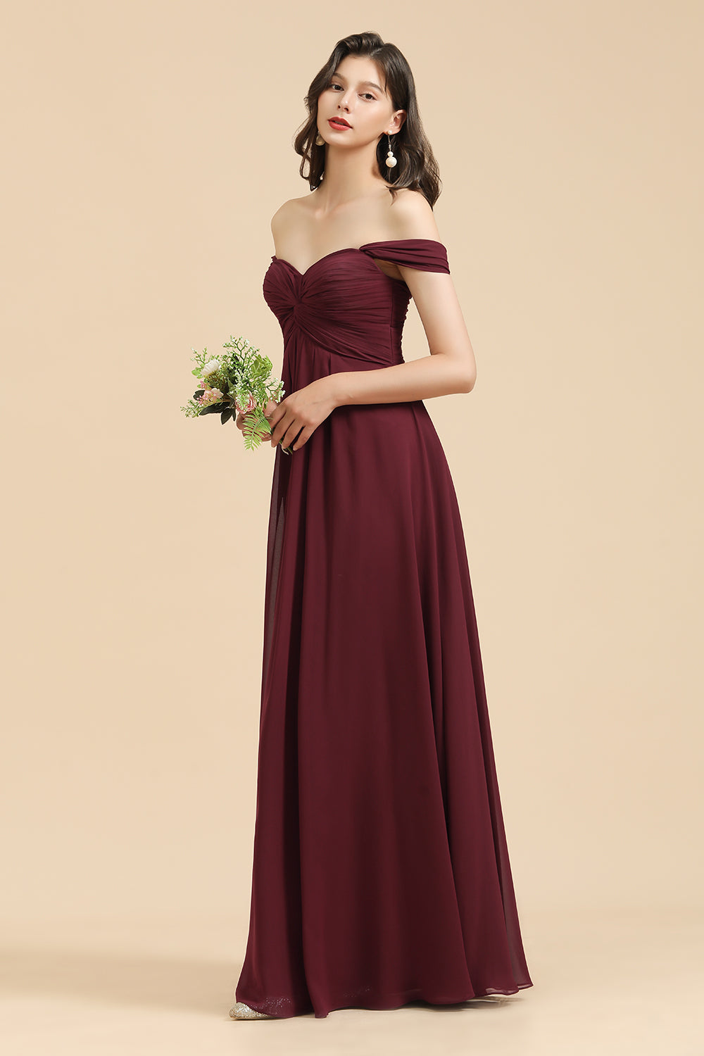 Long A-line Off the Shoulder Chiffon Bridesmaid Dress Elegant Wedding Party Dress