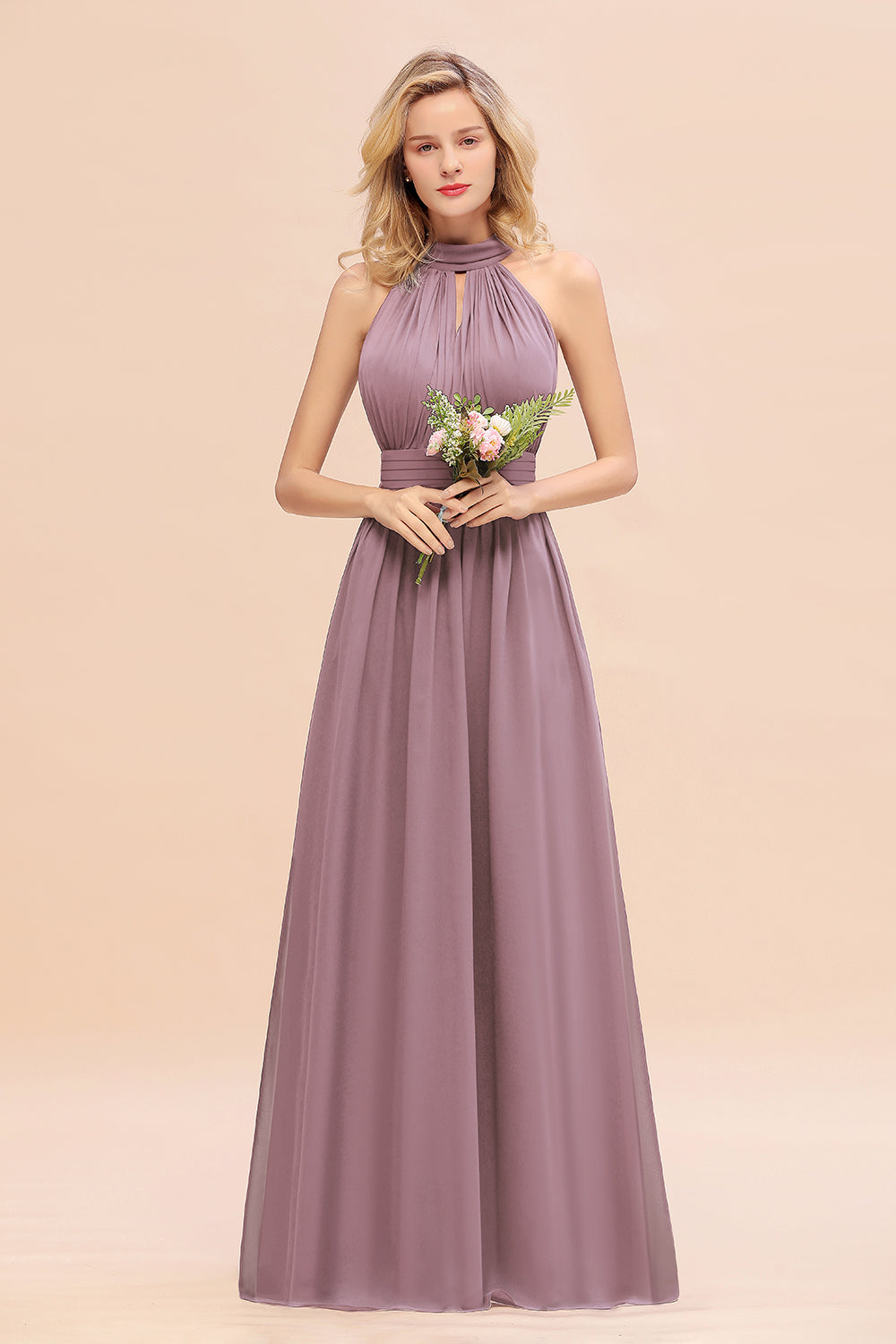 Dusty Sage Long High Neck Chiffon Bridesmaid Dresses with Ruffle