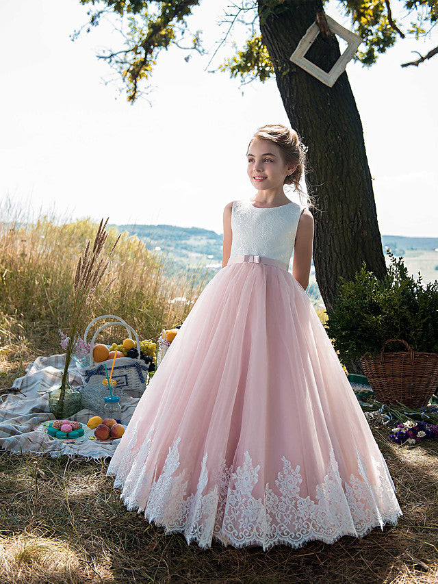 Long A-line Tulle Lace Sleeveless Jewel Neck Birthday Party Girl Dresses