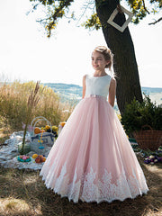 Long A-line Tulle Lace Sleeveless Jewel Neck Birthday Party Girl Dresses