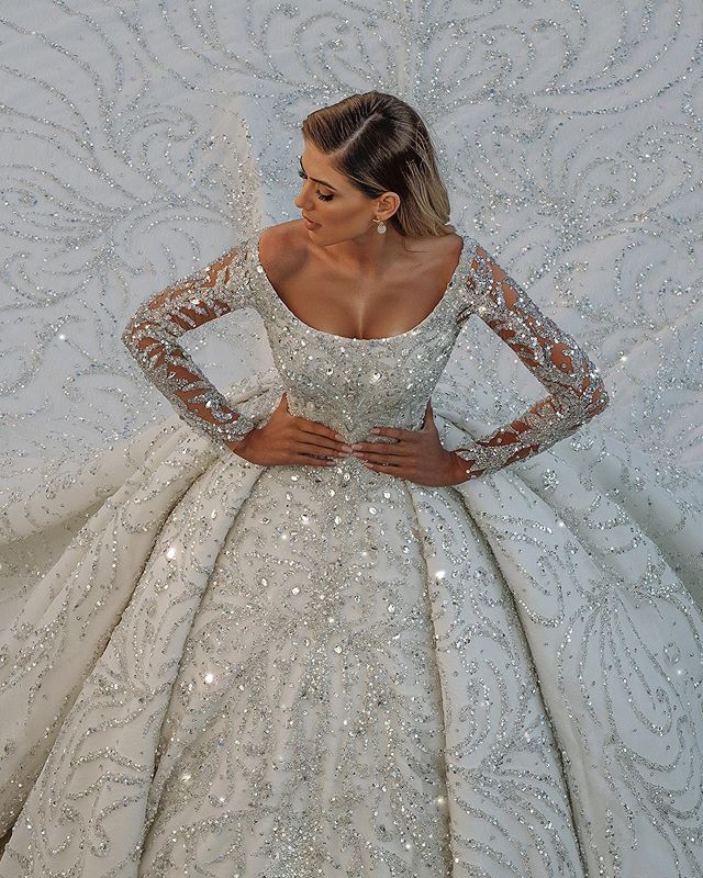 Luxury Long Ball Gown Satin Sequin Off The Shoulder Backless Wedding Dress with Sleeves