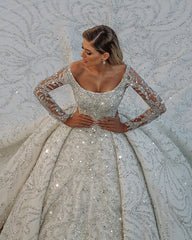 Luxury Long Ball Gown Satin Sequin Off The Shoulder Backless Wedding Dress with Sleeves