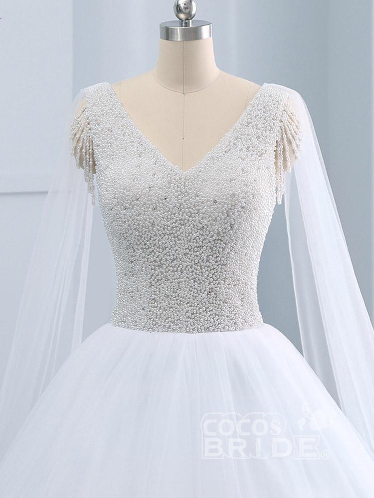 Beautiful Long A-line V-neck Tulle Beads Wedding Dresses with Sleeves