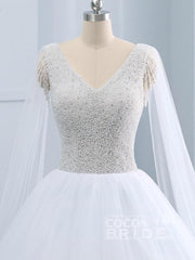 Beautiful Long A-line V-neck Tulle Beads Wedding Dresses with Sleeves