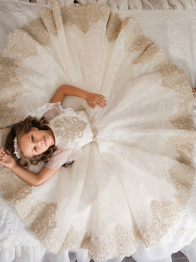 Long Ball Gown Floor Length Tulle Lace Flower Girl Dresses with Sleeves
