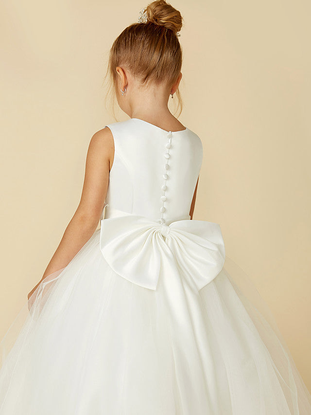 Long A-line Tulle Sleeveless Jewel Neck Satin First Communion Flower Girl Dresses