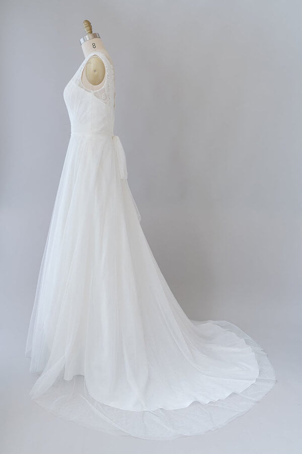 Long Ruffle V-neck Lace Tulle A-line Wedding Dress