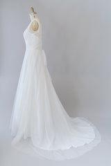 Long Ruffle V-neck Lace Tulle A-line Wedding Dress