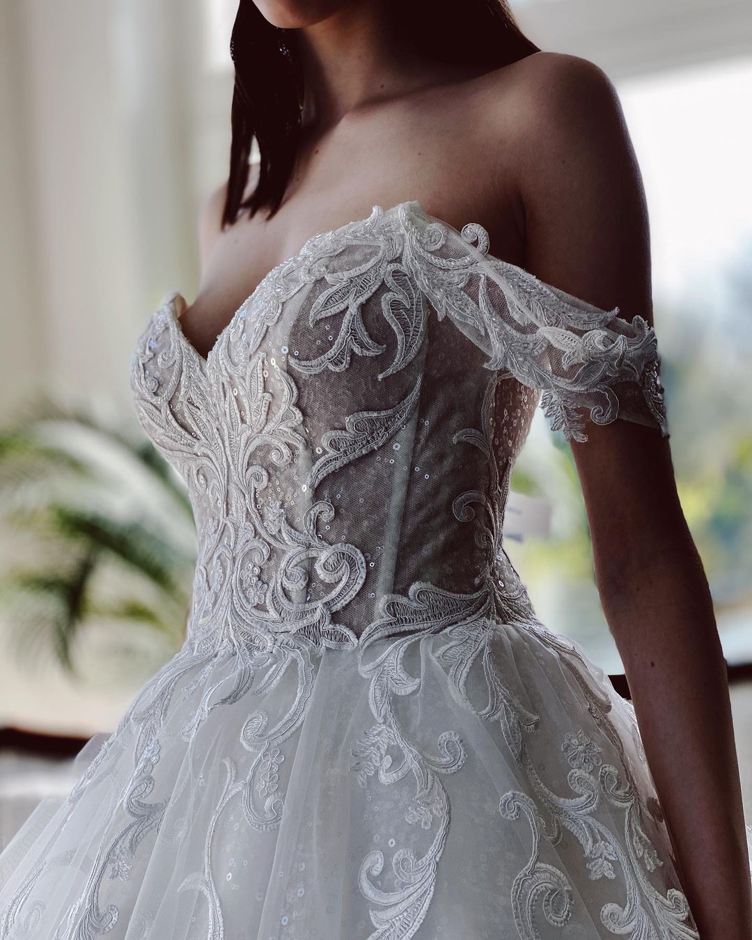 Charming Long A-line Off the Shoulder Tulle Wedding Dress with Glitter