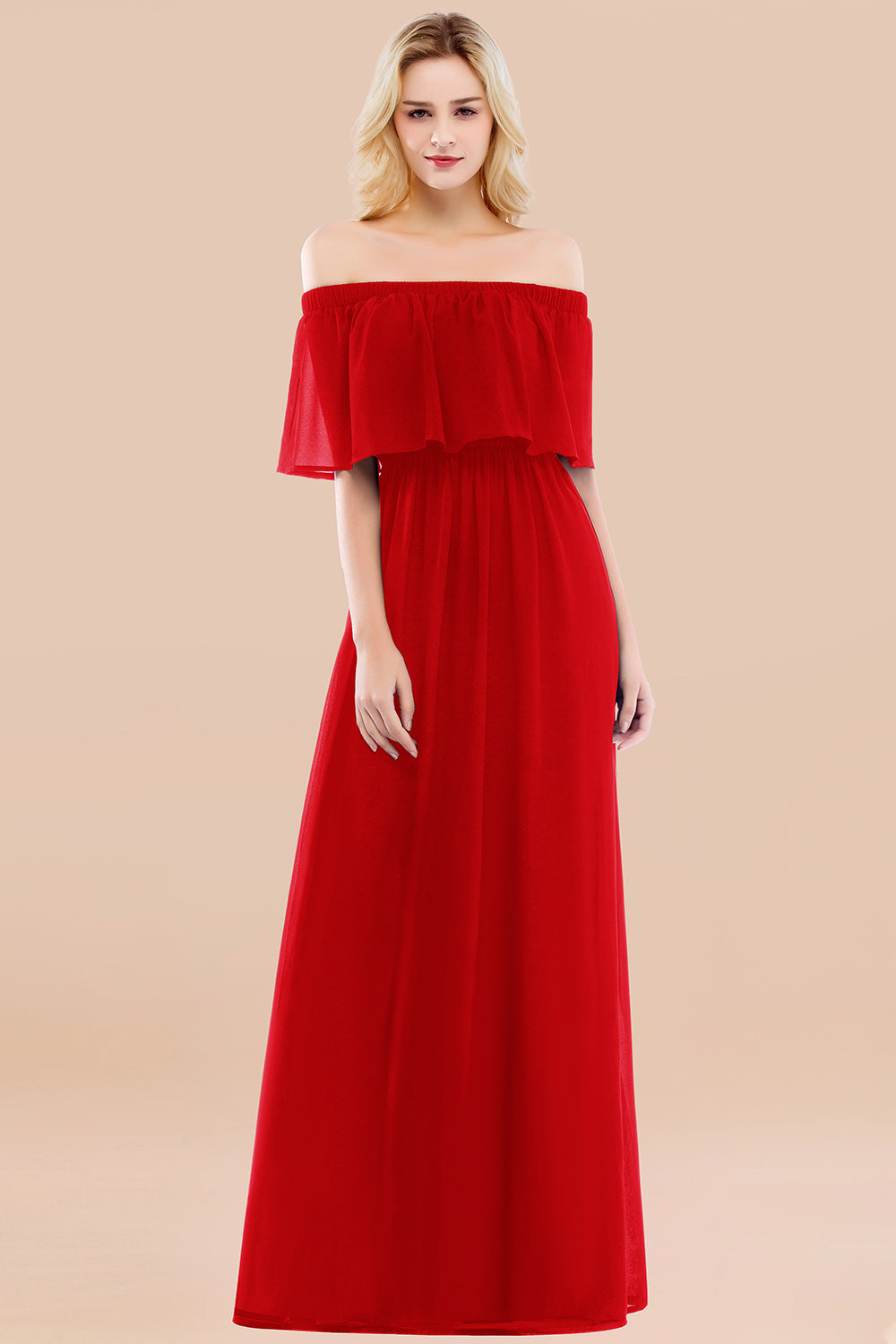 A-line Chiffon Off the Shoulder Short Sleeves Ruffles Floor Length Bridesmaid Dress