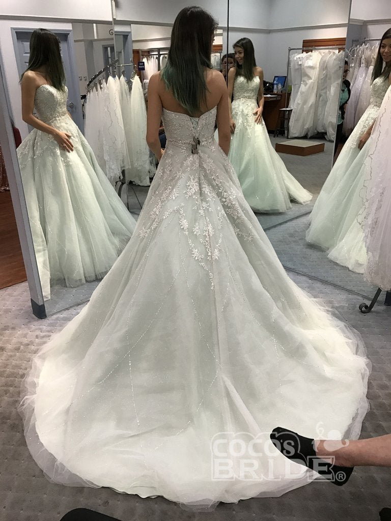 Shinny Long A-line Beaded Sweetheart Tulle Wedding Dress