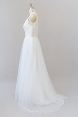White Long A-line Straps V-neck Chiffon Open Back Wedding Dresses