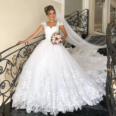 Elegant Long A-line Princess Tulle Lace Wedding Dress with Cap Sleeves