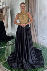 Long Balck Halter Sleeveless A-Line Satin Sequined Prom Dress
