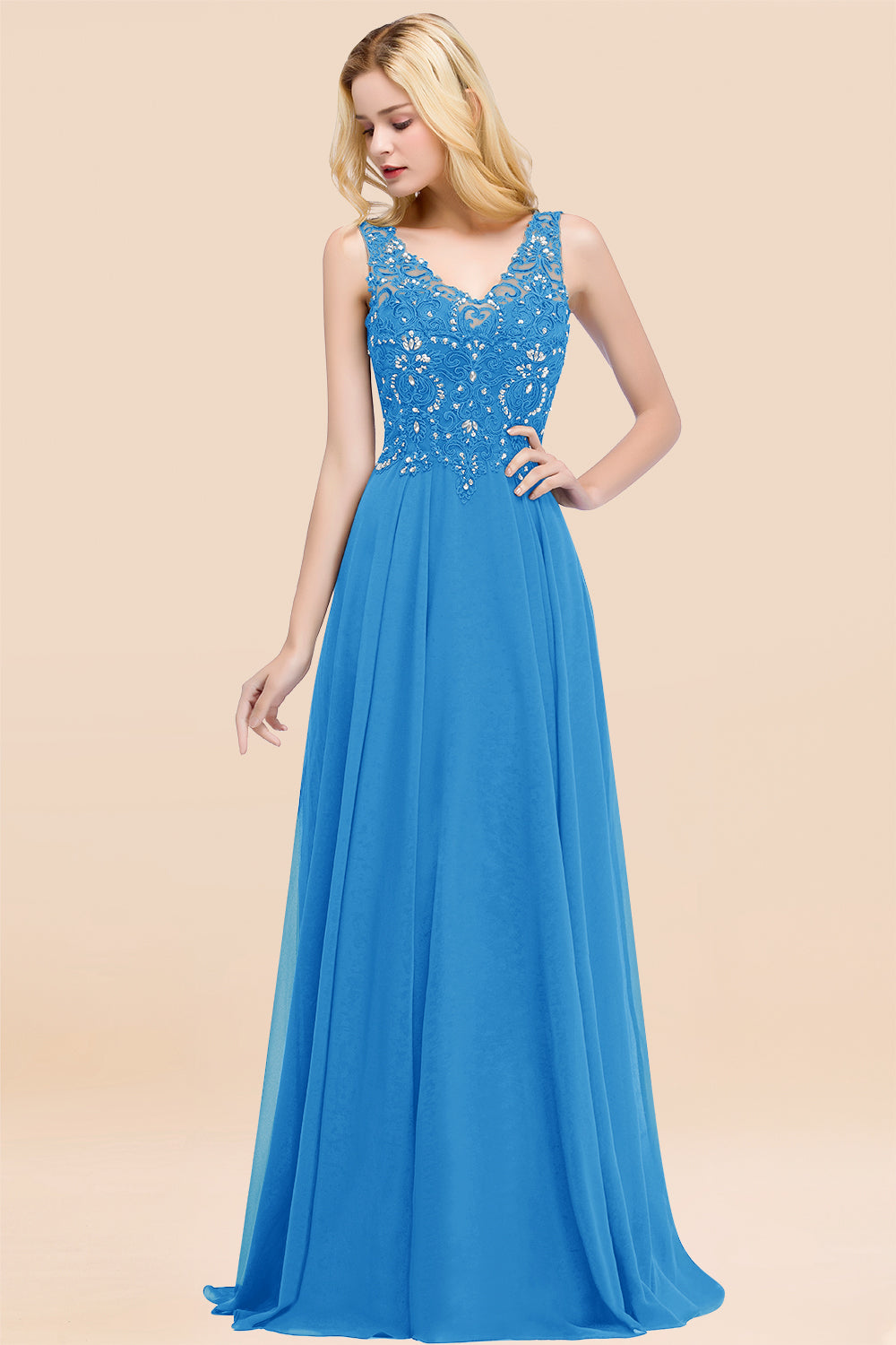 Dusty Rose Lace V-Neck Long Bridesmaid Dresses With Appliques