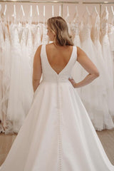 Simple White Plus Size Long Spaghetti Straps V-Neck A-Line Sleeveless Wedding Dress