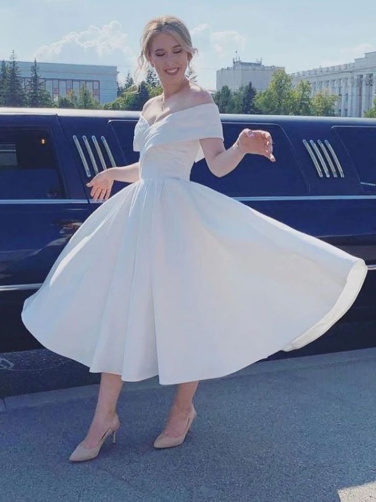 Simple Short A-line Satin Off the Shoulder Wedding Dress
