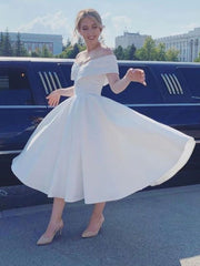 Simple Short A-line Satin Off the Shoulder Wedding Dress