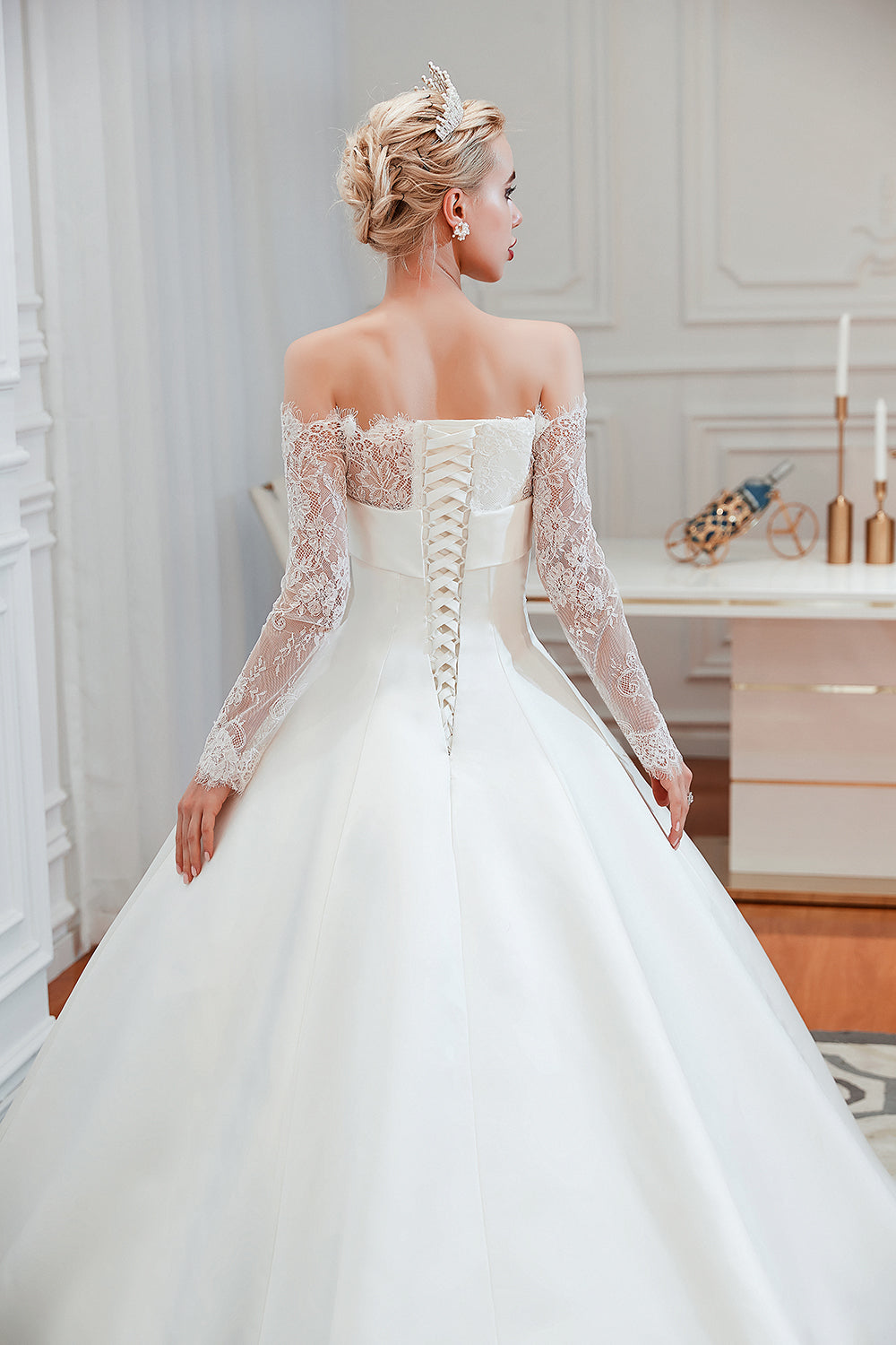 Stunning Off the Shoulder Long Sleeve A-Line Satin Church Wedding Dress