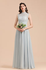 Long A-line High Neck Lace Sleeveless Chiffon Bridesmaid Dress