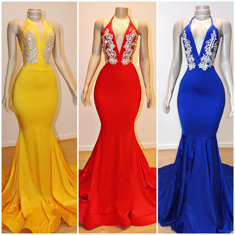 Halter V-neck Mermaid Long Prom Dresses