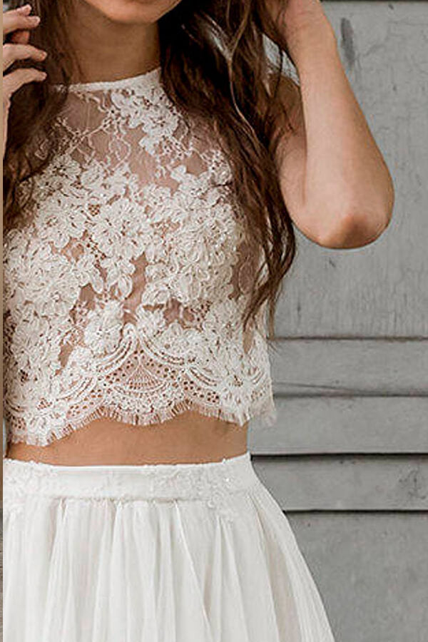 Elegant Long A_line Lace Chiffon Two Piece Wedding Dress