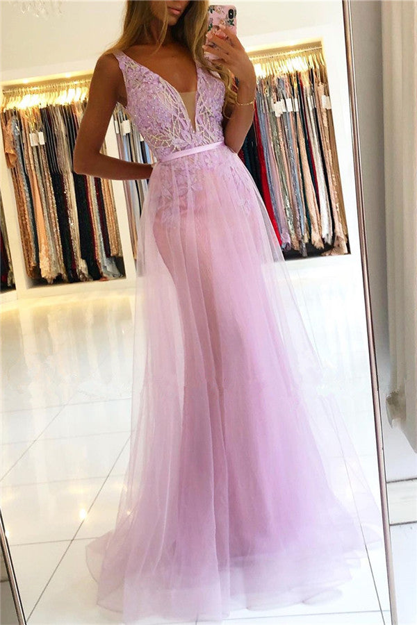 Long Straps A-line Lace V-neck Prom Dress