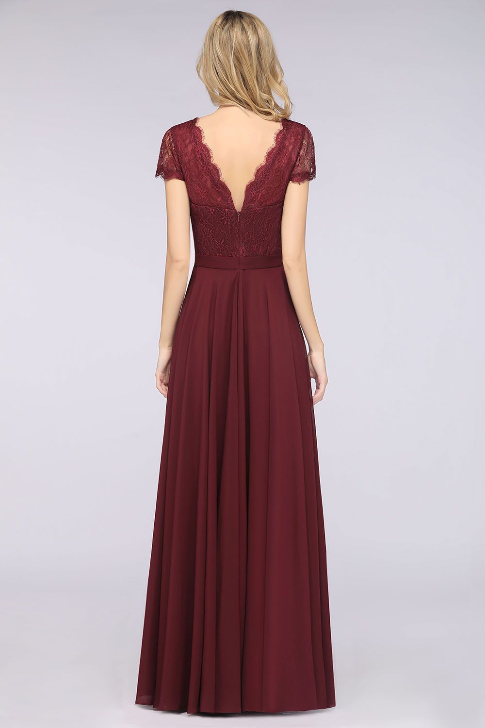 A-Line Chiffon Lace V-Neck Cap-Sleeves Floor Length Bridesmaid Dress