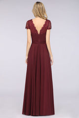 A-Line Chiffon Lace V-Neck Cap-Sleeves Floor Length Bridesmaid Dress