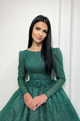 Long Sleeve Crew Neck A Line Tulle Sequin Party Dress