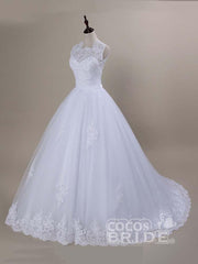 Modest White Long Lace Covered Button Ball Gown Wedding Dresses
