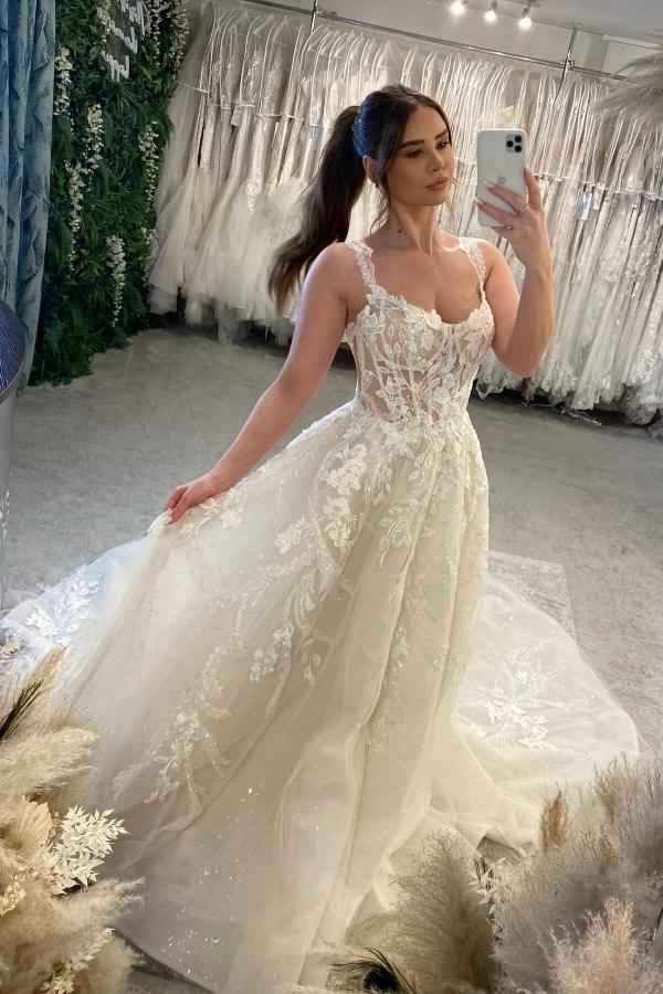 A-Line Backless Tulle Appliques Lace Long Wedding Dress with Sequins