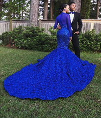 Royal Blue Long Mermaid High Neck Appliques Sequin Prom Dress