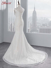 Elegant Long Cap Sleeves Lace-up Mermaid Wedding Dresses