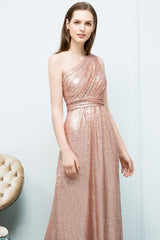 A-line Sequined One Shoulder Sleeveless Floor Length Bridesmaid Dresses