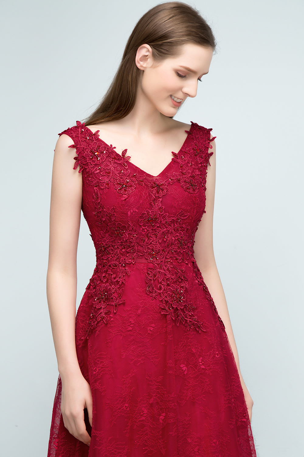 Long V-neck Tulle Lace A-line Evening Formal Dress