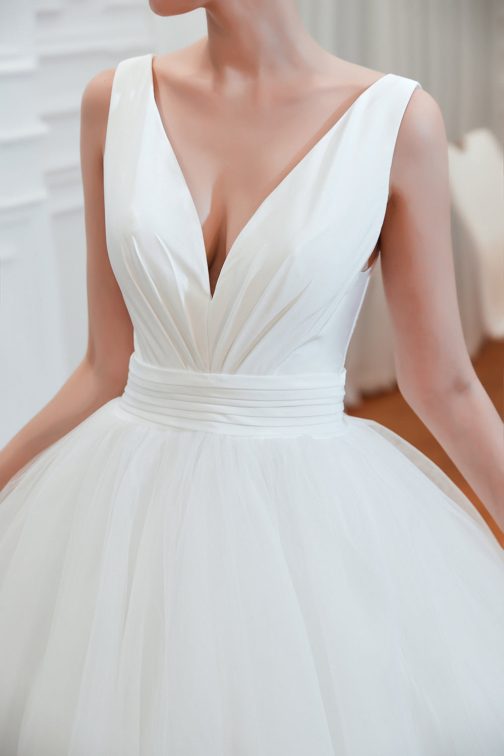 Long A-Line Tulle Wide Straps Deep V-neck Floor Length Wedding Dress