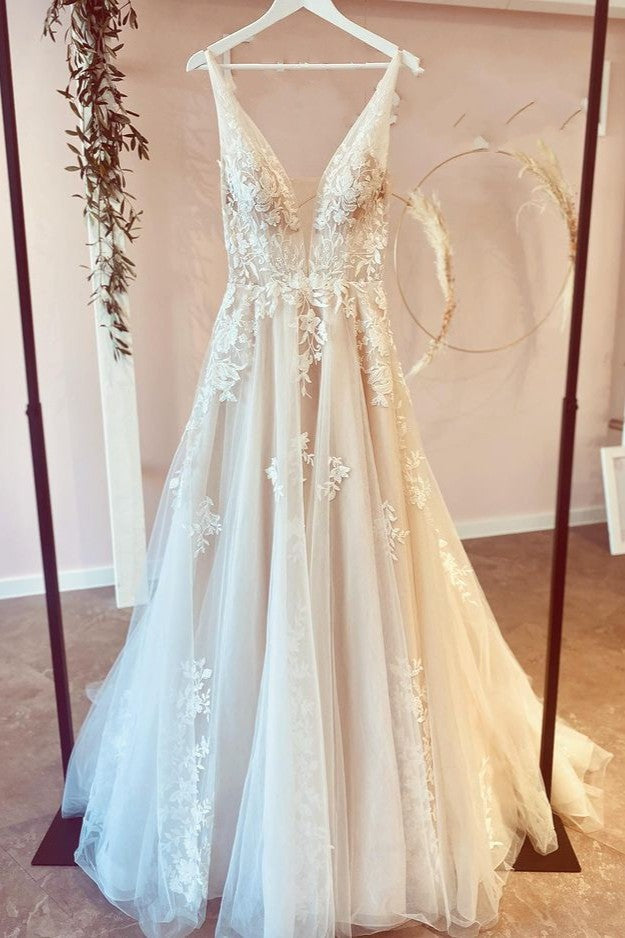 Stunning Long V-neck A-Line Floor Length Tulle Wedding Dress With Floral Lace