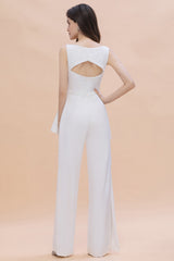 White V-neck Wide Straps Bridesmaid Dress Floor Length Jumpsuit With Sash