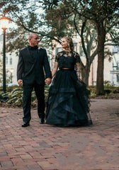 Gorgeous Long Two Piece Tulle Lace Layers A-line Black Wedding Dress with Short Sleeves