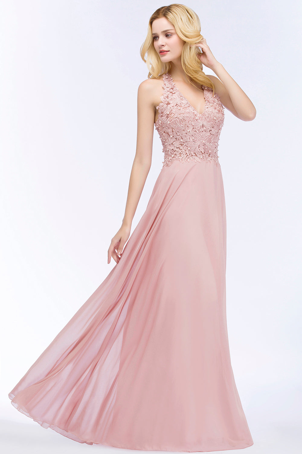 A-line V-neck Sleeveless Long Appliques Chiffon Bridesmaid Dresses